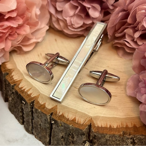 Elegant Mother of Pearl 3 Pcs Set Cufflinks & Tie Clip - Picture 5 of 17